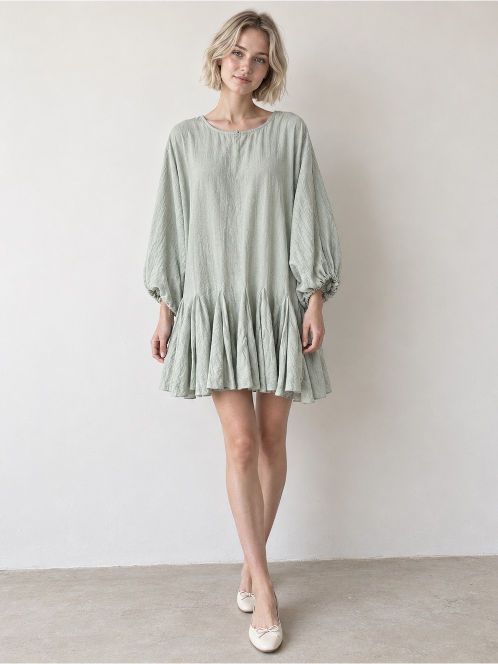 Moodstories Ukrainian Brand Sage Green Oversized Ruffle Hem Tunic Dress